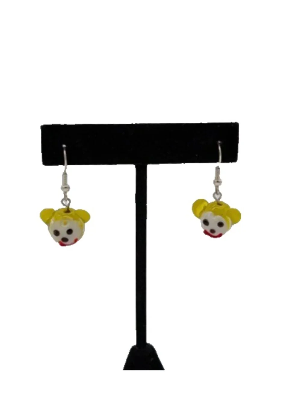 funky glow in the dark art glass beads monkey face dangle earrings yellow clown